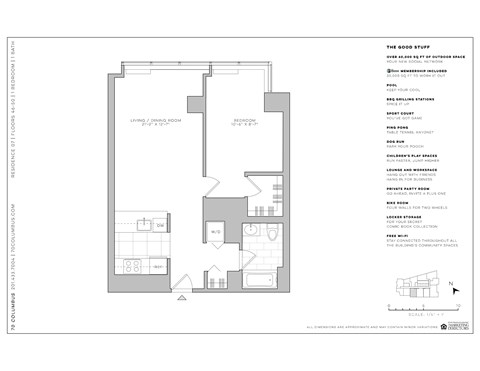 Floor plan for 1 bed, 1 bath, 787 sqft